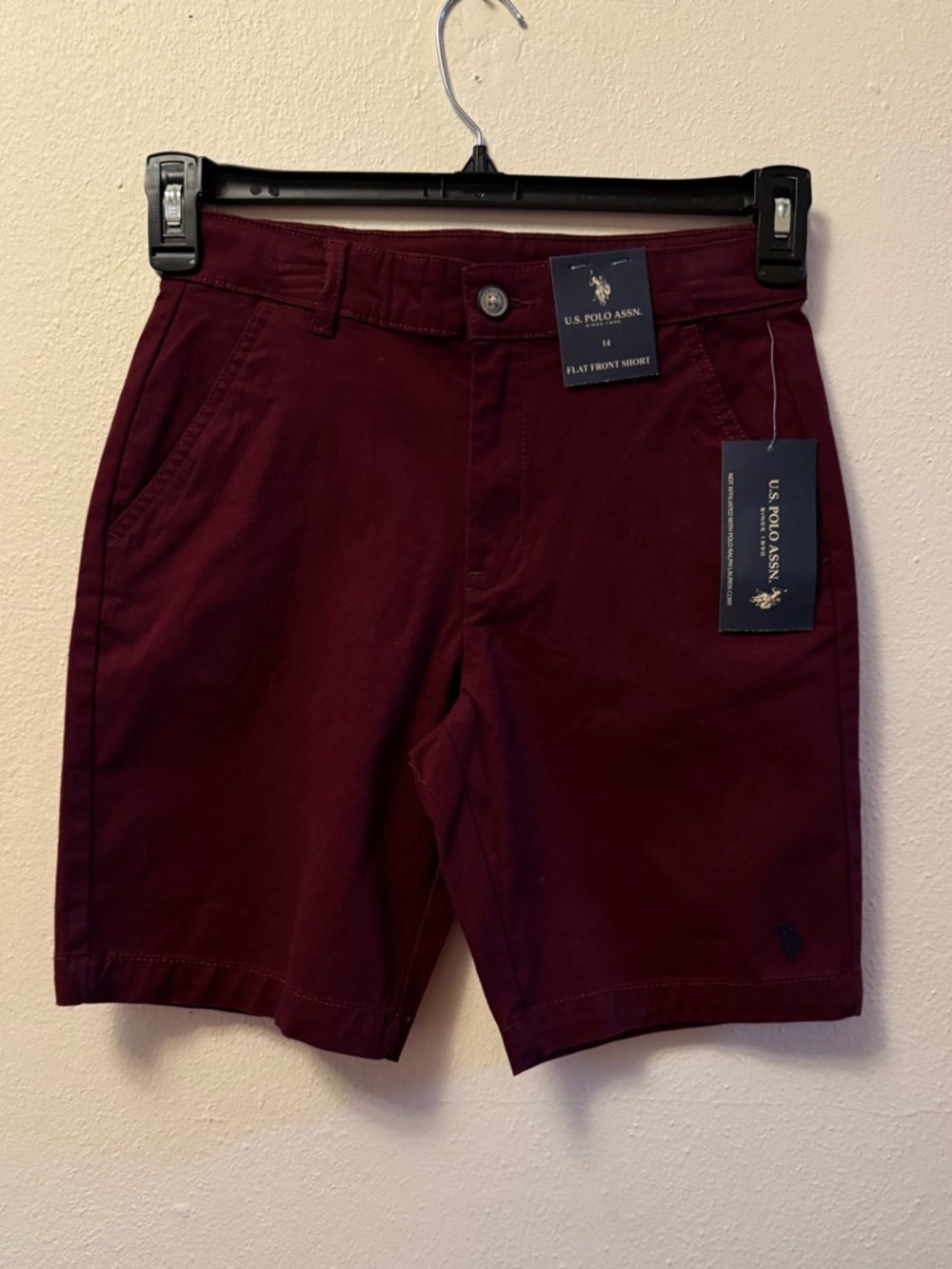 NWT U.S. Polo Assn Boys Flat Front Twill Shorts Maroon Burgundy 14